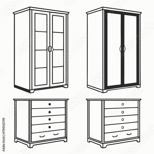 Four black and white vector icons of wardrobes and dressers