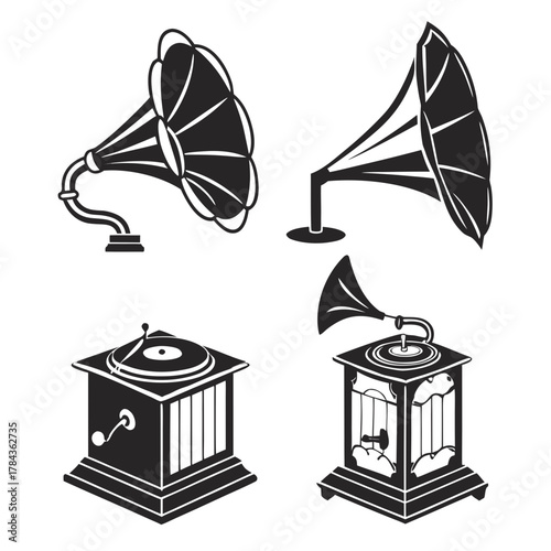 Four black silhouette vintage gramophone icons antique