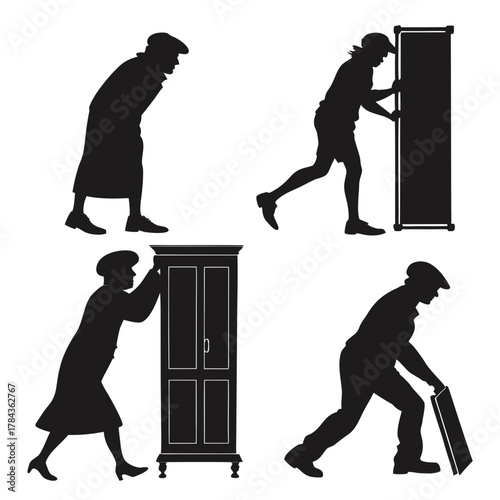 Four black silhouettes of people moving furniture white
