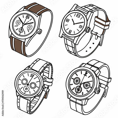 Four detailed luxury watch illustrations with brown accents