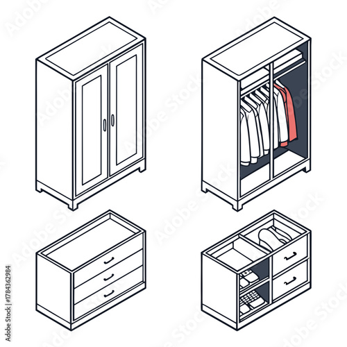 Four isometric line art furniture icons wardrobe closet