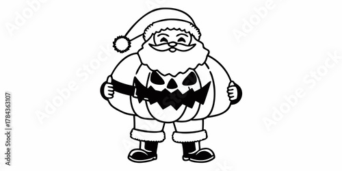 Santa claus wearing a pumpkin costume with a carved face and santa hat in black and white outline style