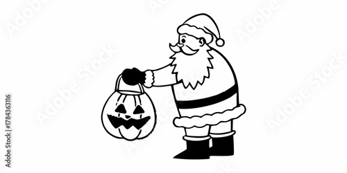 Santa claus holding a jack o lantern in black and white outline style with a playful and festive design