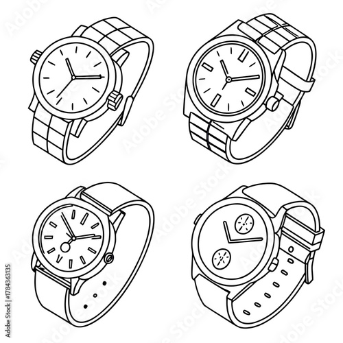 Four outline watches with different faces and bands