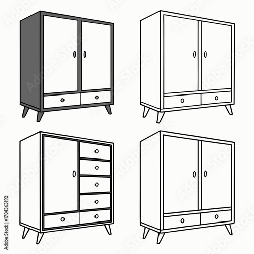 Four vector icons of mid century modern wardrobes closet