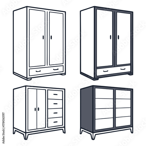 Four vector icons of wardrobes and dressers furniture