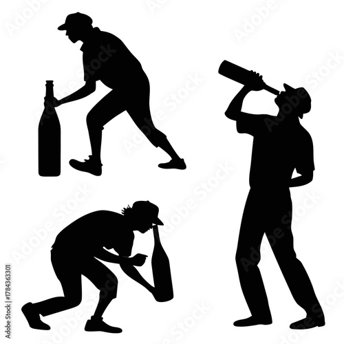 Three black silhouettes of men with bottles male drinking