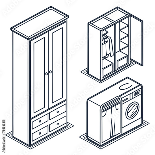 Three isometric line art wardrobes and washing machine