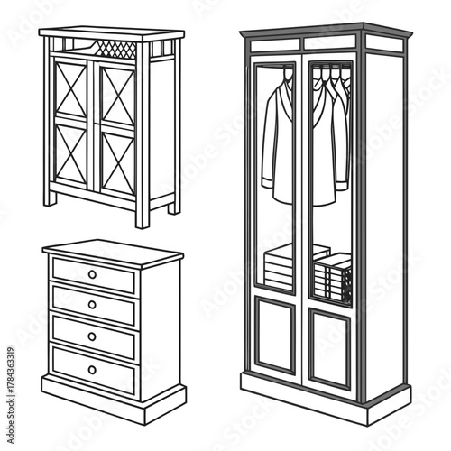 Three outline furniture icons wardrobe chest of drawers cabinet