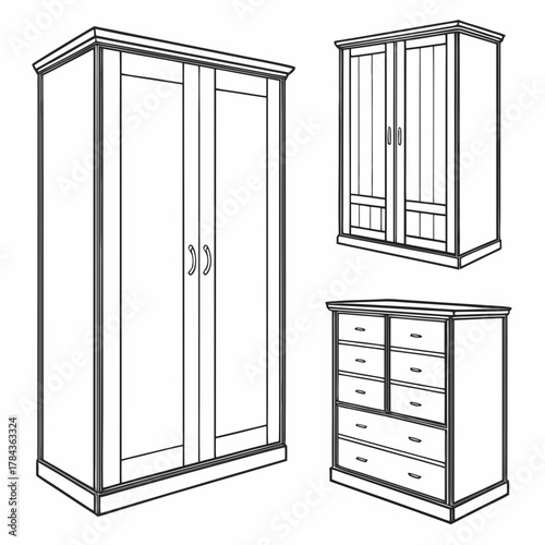 Three outline wardrobe and dresser icons closet chest of drawers