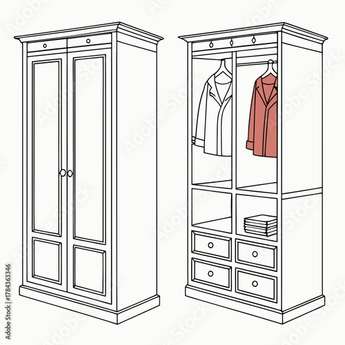 Two detailed line art wardrobes one open with clothes