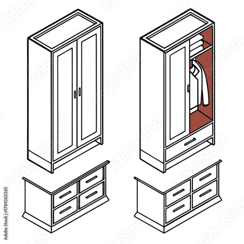 Two isometric wardrobes and two chests of drawers closet