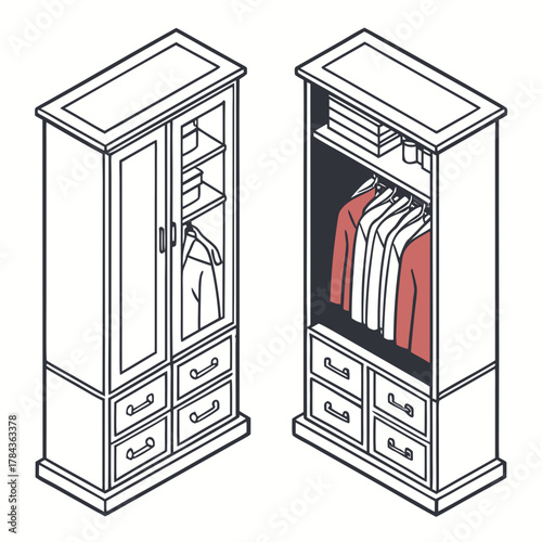 Two isometric wardrobes with clothes and drawers closet