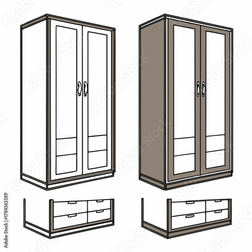 Two wardrobe icons with drawers and handles closet