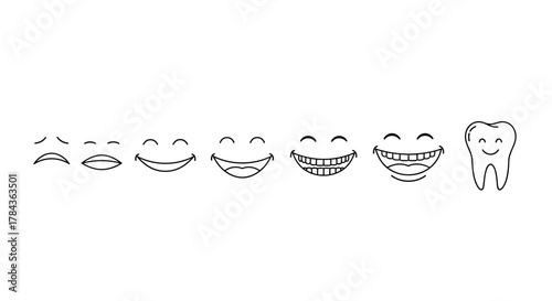 A sequence of cartoon smiles progressing from a subtle curve to a wide grin, culminating in a cheerful tooth character, all presented as a clean, isolated vector illustration on a white background