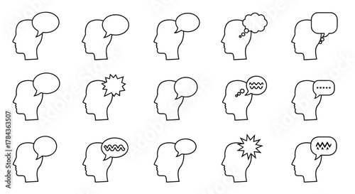 Collection of fifteen outline icons representing human heads in profile with various thought and speech bubbles, symbolizing communication, ideas, and mental processes, perfect for graphic design