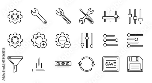 A versatile set of thin line icons representing various settings and tools, perfect for web design, applications, and print materials. Includes gears, wrenches, sliders, a funnel, a level, refresh