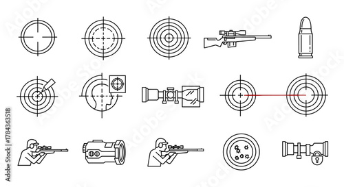 Collection of outline icons related to sniper targets and aiming, featuring crosshairs, riflescopes, a sniper rifle, a bullet, and a shooter, perfect for infographics, articles, books, flyers, and