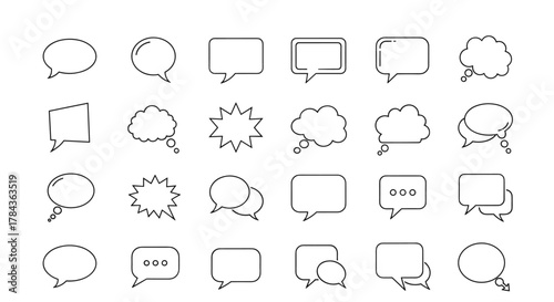 Collection of diverse modern outline speech bubble icons, including thought clouds and explosion shapes, presented on a clean white background, perfect for graphic design, app interfaces, social
