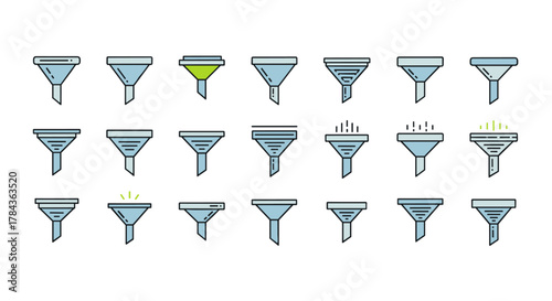 Collection of various funnel icons in a clean, modern, flat design style, perfect for representing data filtering, process management, or scientific concepts. Each icon features a simple outline and