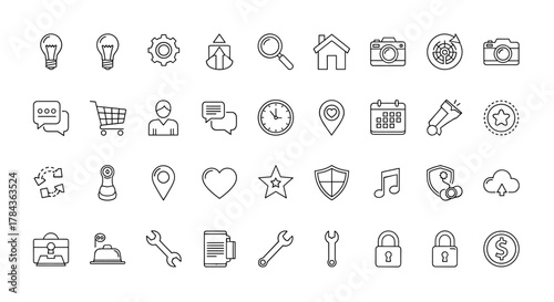 Collection of thin line icons for web and app design, editable stroke, perfect for websites, books, cards, apps, vector cartoon illustration on a white background, representing various concepts like