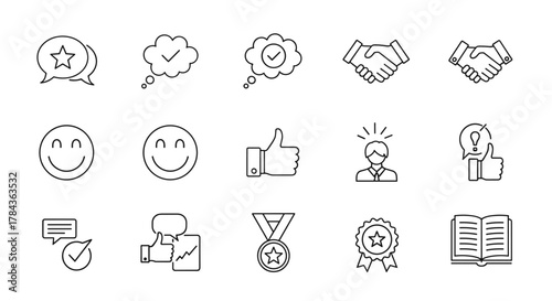 Collection of thin line icons representing feedback, testimonials, and customer satisfaction, including speech bubbles with stars and checkmarks, smiling faces, thumbs up, handshakes, a medal, a