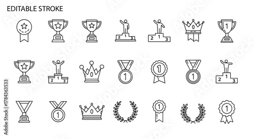 Collection of thin line icons representing winners and pedestals, including trophies, medals, crowns, and laurel wreaths, suitable for web, books, cards, and apps, presented as a vector cartoon