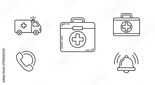 Set of medical emergency line icons on a white background, featuring an ambulance, a first aid kit, a phone icon for emergency calls, and a hospital alarm bell, symbolizing healthcare and urgent
