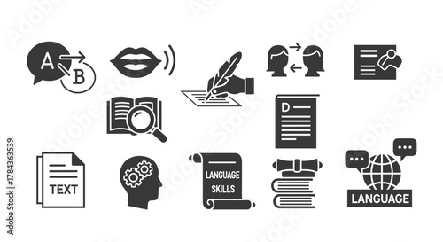 Diverse language and communication icons set, including speech bubbles with A and B for translation, open mouth for speaking, hand writing with a quill, book with magnifying glass, document with D