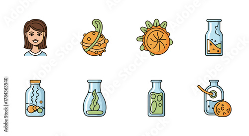 Vibrant botanical icon set showcasing plant preservation techniques, including specimen jars with leaves and fruits, a stylized plant press, and a person, perfect for science, education, and