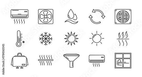 Set of Air Conditioning Vector Line Icons, representing air cooling, fan, humidity, air circulation, ventilation, and temperature control, perfect for technology and climate-related designs, with