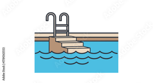 Vivid linear pictogram of a swimming pool with steps and a ladder, representing a refreshing summer vacation, relaxation, and aquatic activities. This icon set includes staircases, elevators