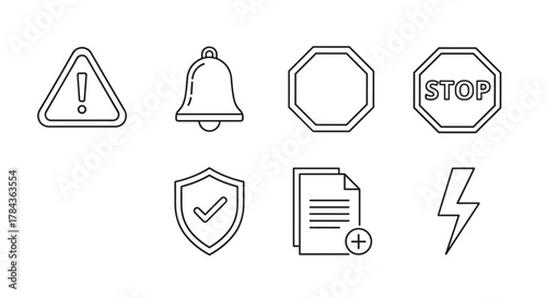A collection of essential line-style vector icons presented on a clean white background, featuring a warning sign with an exclamation mark, a notification bell, a stop sign, a shield with a checkmark