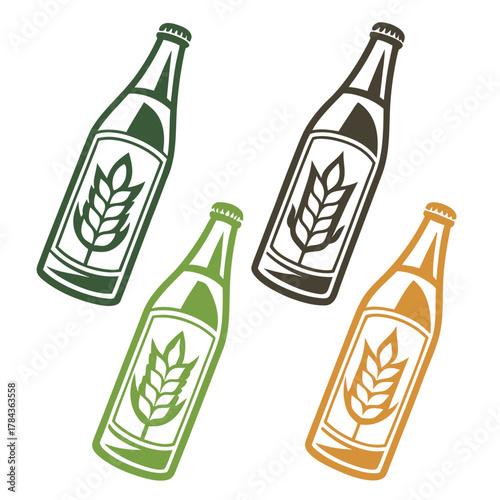 Four beer bottles with wheat icons in green brown and orange