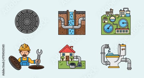 Collection of flat vector illustrations depicting various aspects of a sewage system, including a manhole cover, underground pipes with flowing water, a water treatment plant, a plumber working, a