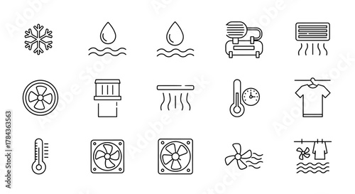Set of clean line icons representing ventilation, air conditioning, and climate control elements, including a snowflake, water drops, air compressor, fan, thermometer, and drying clothes, perfect for