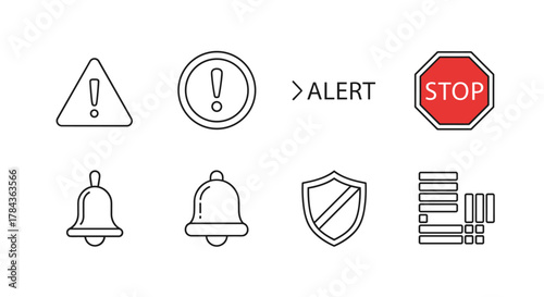 Collection of line art web icons representing warnings, alerts, notifications, and security, including a warning triangle, exclamation mark in a circle, the word "ALERT" with an arrow, a red "STOP"
