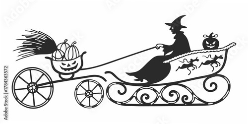 Silhouette of a witch riding in a carriage pulled by pumpkins with a broom and pumpkin decoration