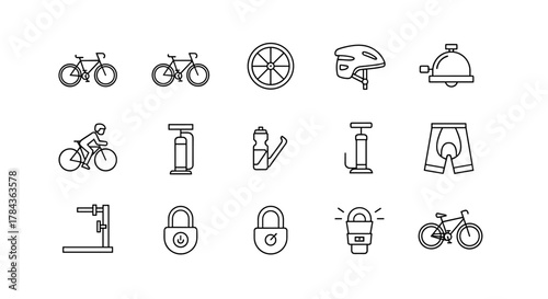 A collection of modern, editable bicycle icons isolated on a clean white background, featuring a variety of cycling essentials and accessories for a seamless design experience. This ordered line icon