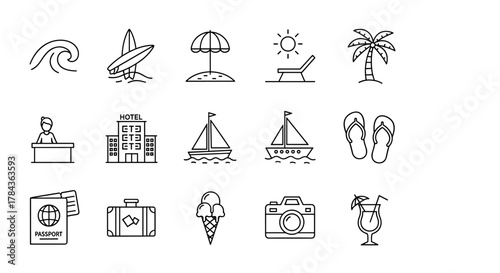 Summer Vacation Editable Icons Set: A Modern Thin Line Vector Illustration Featuring Travel Essentials Like Sea Waves, Surfboard, Beach Umbrella, Sun Lounger, Palm Tree, Hotel, Sailboat, Flip-flops