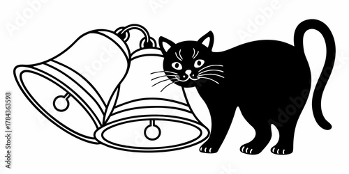 Illustration of a black cat standing next to two bells with a white background for decoration use