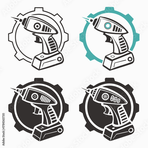 Four drill icons with gear outlines in black and teal