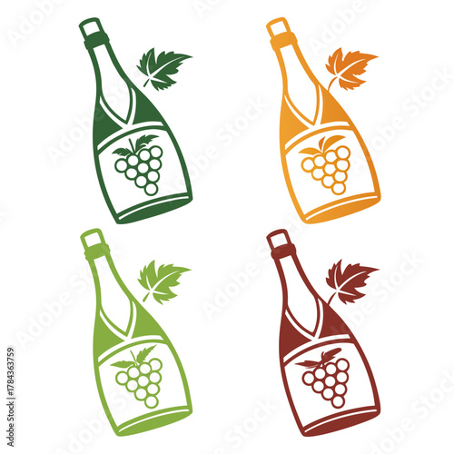 Four gradient alcohol bottles with grape clusters and leaves