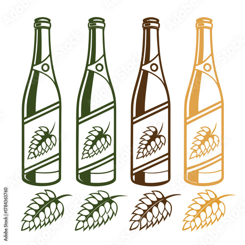 Four gradient alcohol bottles with hop icons beer bottle