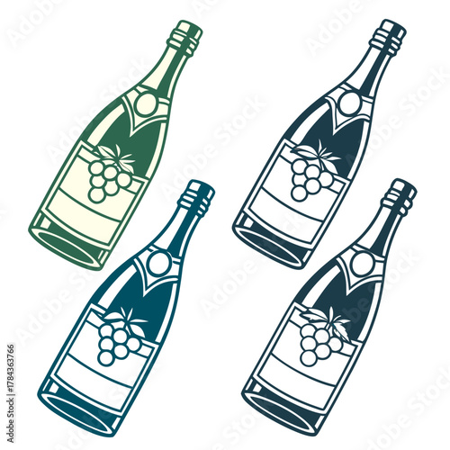 Four gradient alcohol bottles with grapes wine bottle