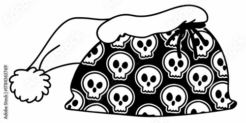 A santa hat with a skull pattern and a pom pom on the end in a black and white color scheme design