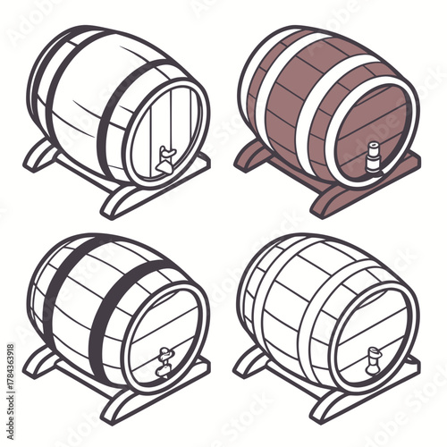 Four isometric wooden barrels with spigots cask