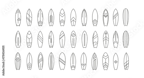 Collection of simple linear outline surfboard icons, editable stroke, perfect for web sites, books, cards, apps, vector cartoon illustration with a white background, representing surfing and water