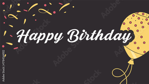 Vector Happy Birthday illustration with 3D realistic golden air balloons on black background. Elegant glossy gold balloons with metallic reflections, bold celebratory typography, floating glitter 