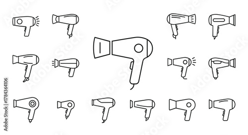 A collection of simple, minimalistic linear icons representing hair dryers in various styles and sizes, perfect for web design, graphic design, app interfaces, banners, social media, and cards. These